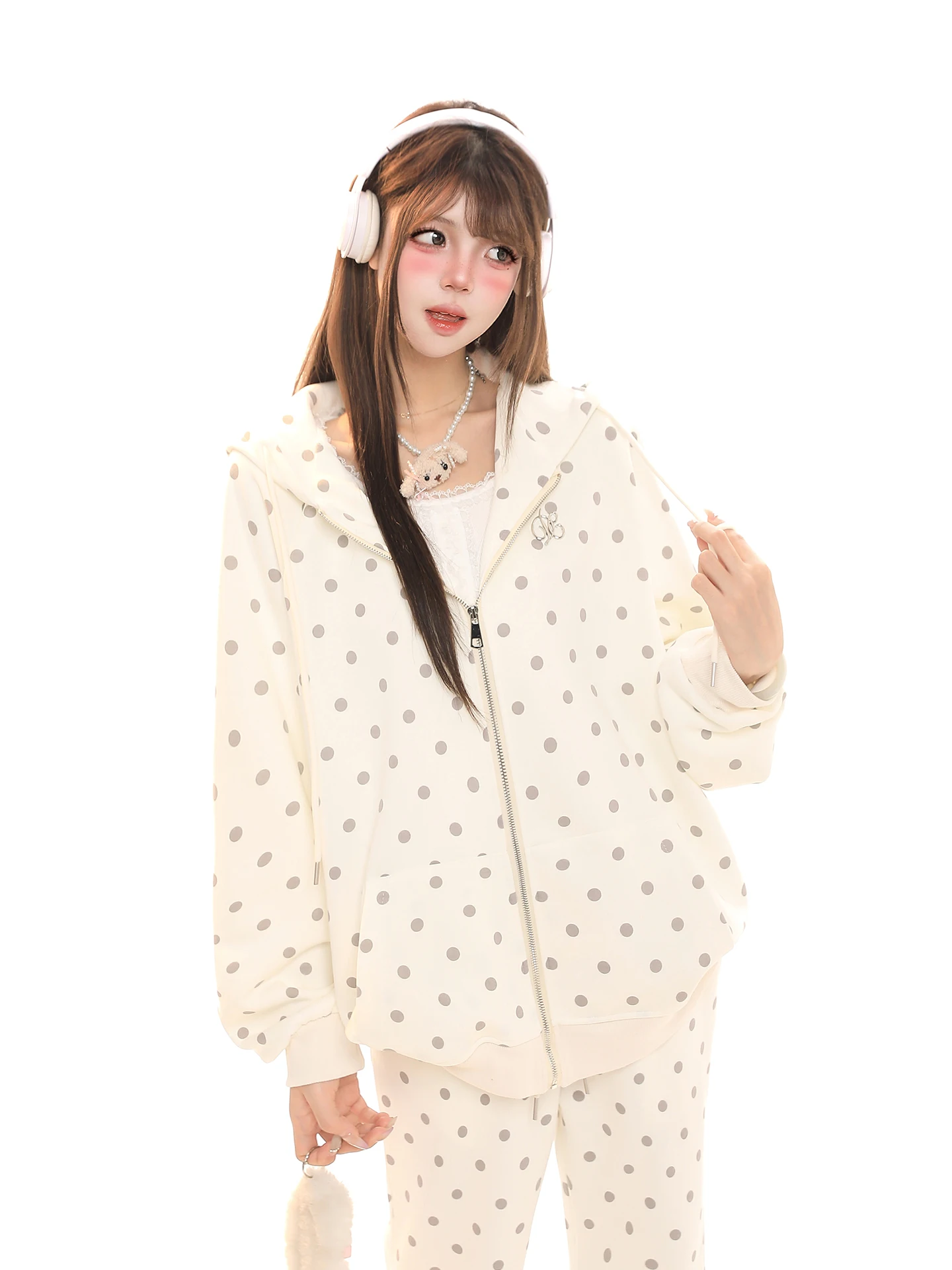 Retro American Polka Dot Casual Set Women Spring Korean Loose Hooded Jacket Flared Pants Two Piece Set Trendy Loose Fit