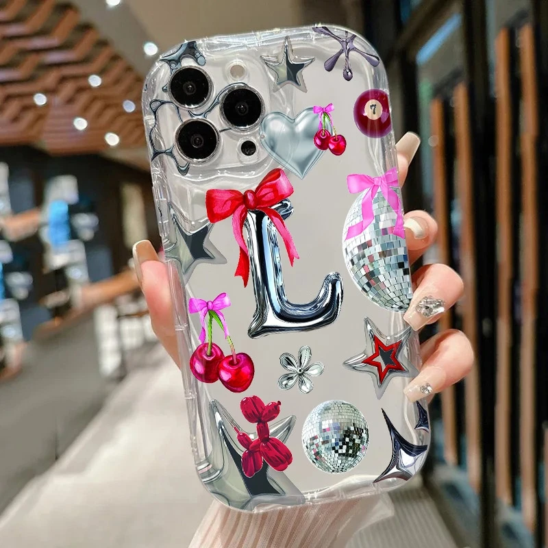 

Letter L Bow Cherry Pattern Clear Phone Case For Xiaomi Poco F7 F6 F5 Pro 5G F3 X3 X6 X5 X7 M6 Transparent Shockproof Soft Cover