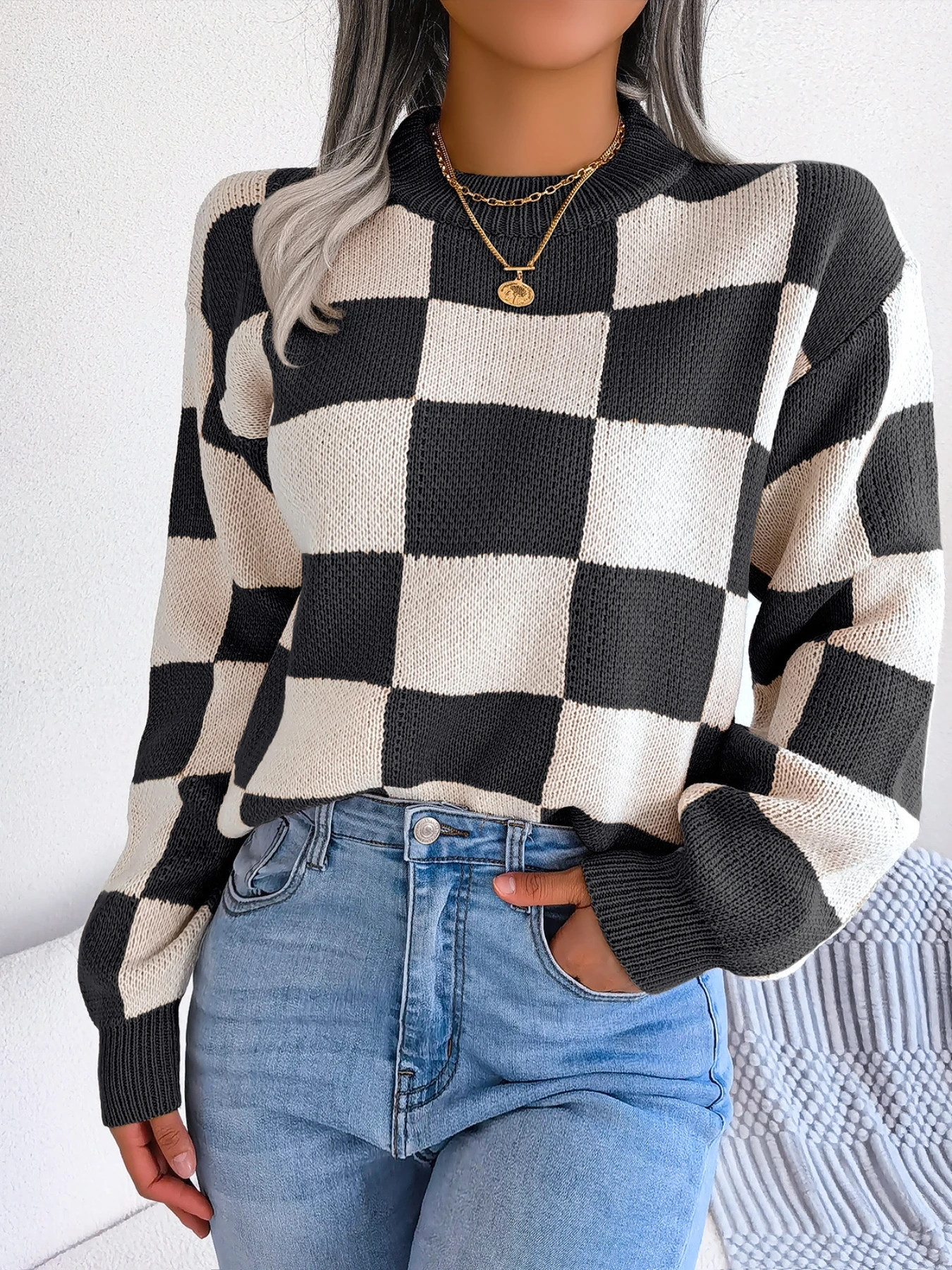 

Женский осенне-зимний клетчатый свитер с цветными блоками и круглым вырезом на талии, пуловер с длинными рукавами для отпуска, вязаный топ