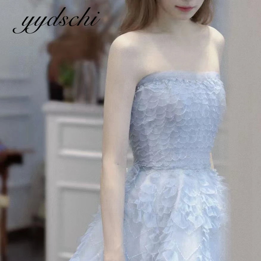 

Элегантное платье трапециевидной формы для выпускного вечера по индивидуальному заказу, тюлевые милые вечерние платья без бретелек, голубые мягкие платья принцессы для дня рождения