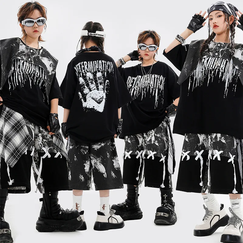 

New Boys Street Dance Costumes Black Hip Hop T Shirt Girls Fashion Shorts Modern Kpop Outfits Group Stage Performance Wear Sets