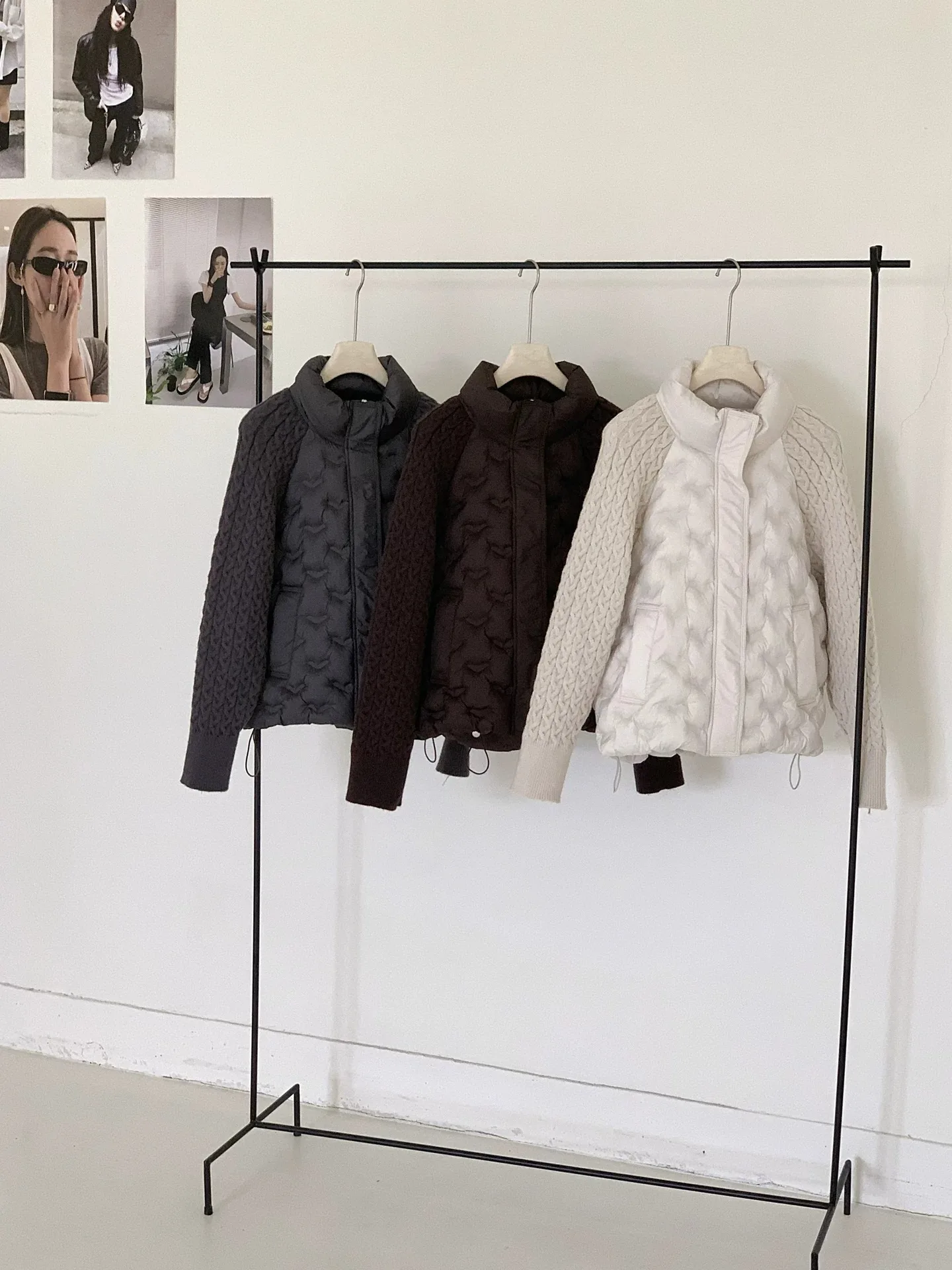 Korean Cable Knit Sleeve Spliced Padded Jacket 2026 Winter Stand Collar Warm Puffer Jacket Women All Match Casual Quilted Parkas