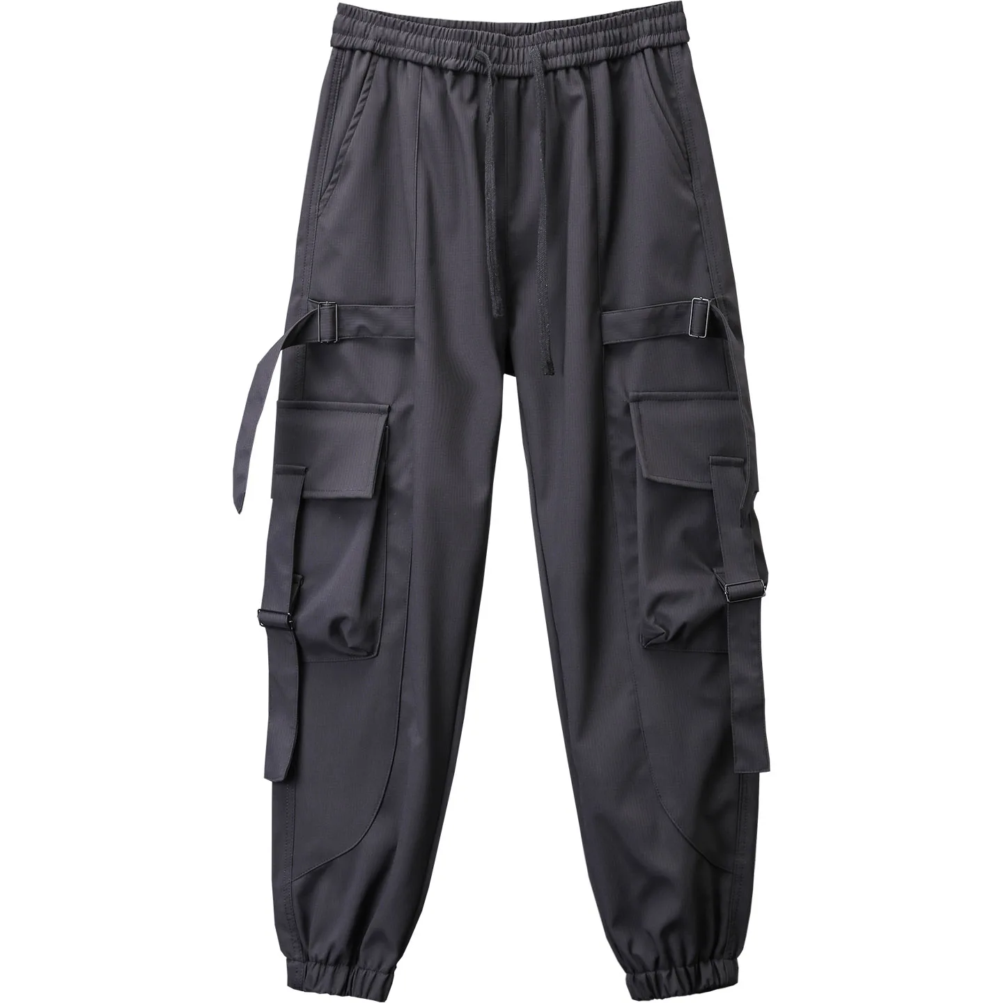 Dark Techwear-style multi-pocket drawstring paratrooper pants, men's ankle banded working designer tactical trendy casual pants.