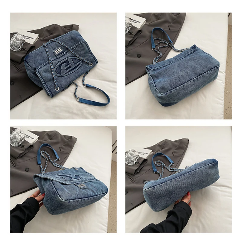 Blue Denim Canvas Large Casual Tote Bag Women\'s Large Capacity Travel Metal Chain Messenger Bag Woman Motorcycle Bag