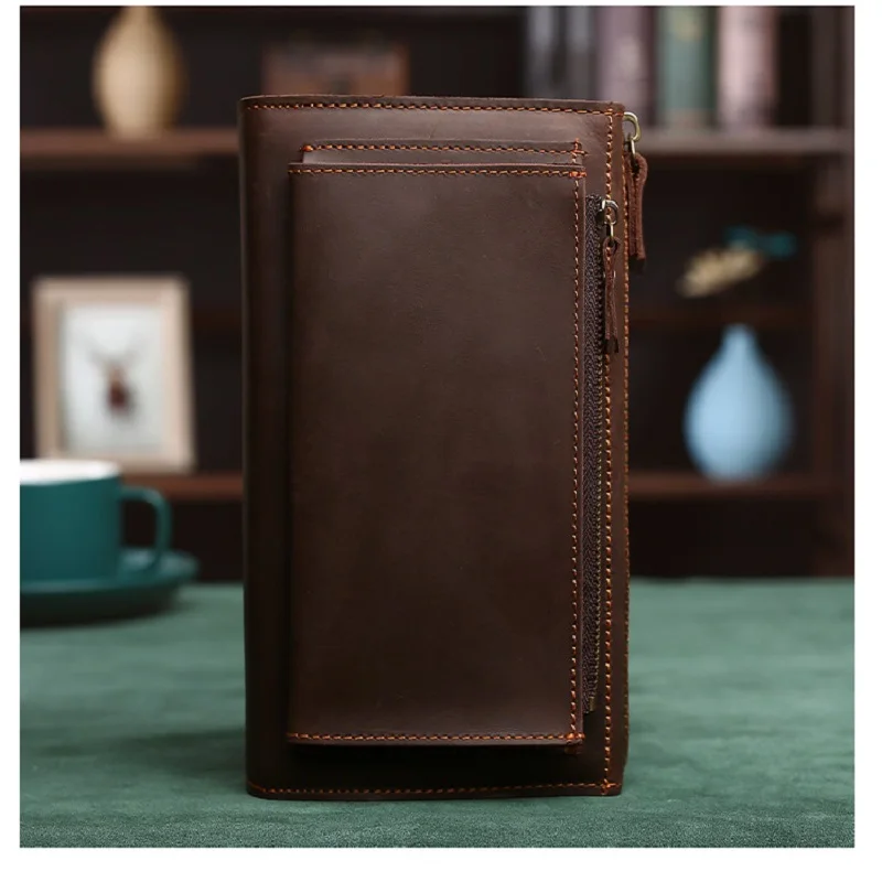 

Crazy Horse Leather Men Clutch Genuine Leather Purse RFID Wallet Large Capacity Multi Business Card Holder Zipper Handbag