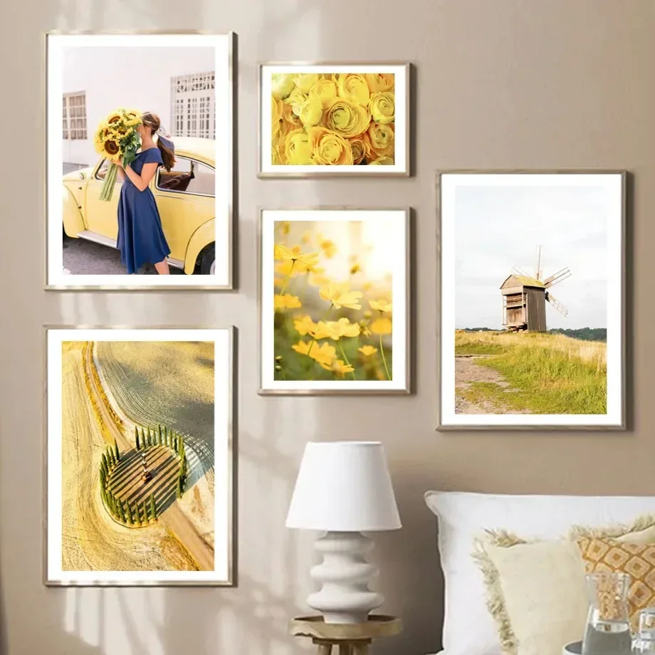 Farmhouse Yellow Flowers Scape Posters Spring Sunflower Lemon Windmill Wall Art Canvas Interior Home Decor