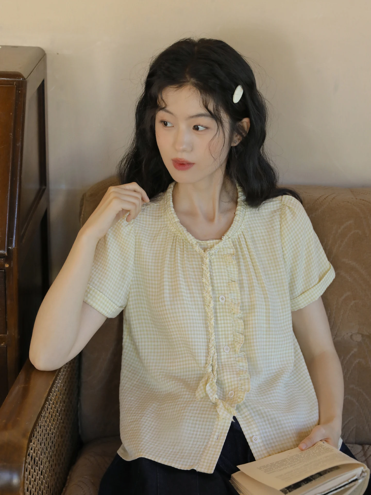 

Женская желтая клетчатая рубашка Nesoulum, весенне-летняя свободная рубашка с короткими рукавами и пуговицами, топ в стиле ретро с художественным дизайном