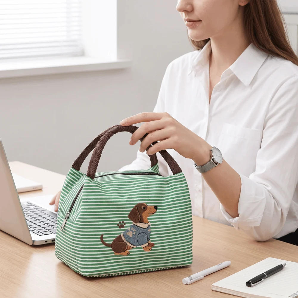 Exquisite Puppy Embroidery Thermal Lunch Bag Insulated Portable Tote Bag Striped Handheld Food Container Bag Office