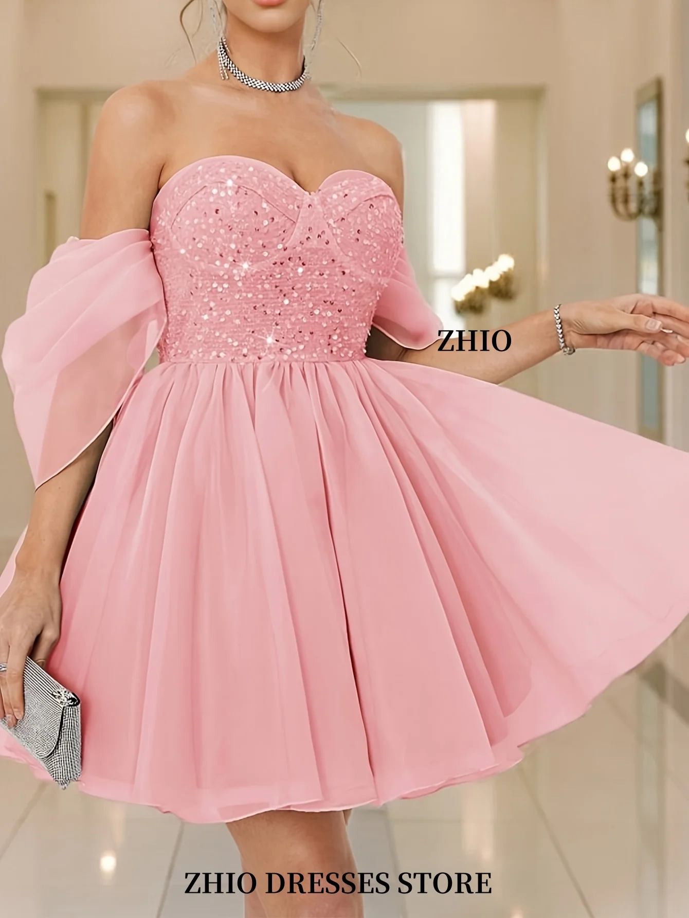 ZHIO Elegant Pink Sequin Strapless A-Line Mini Dress Candle Lace Skirt Suitable For Party Formal Events Customized