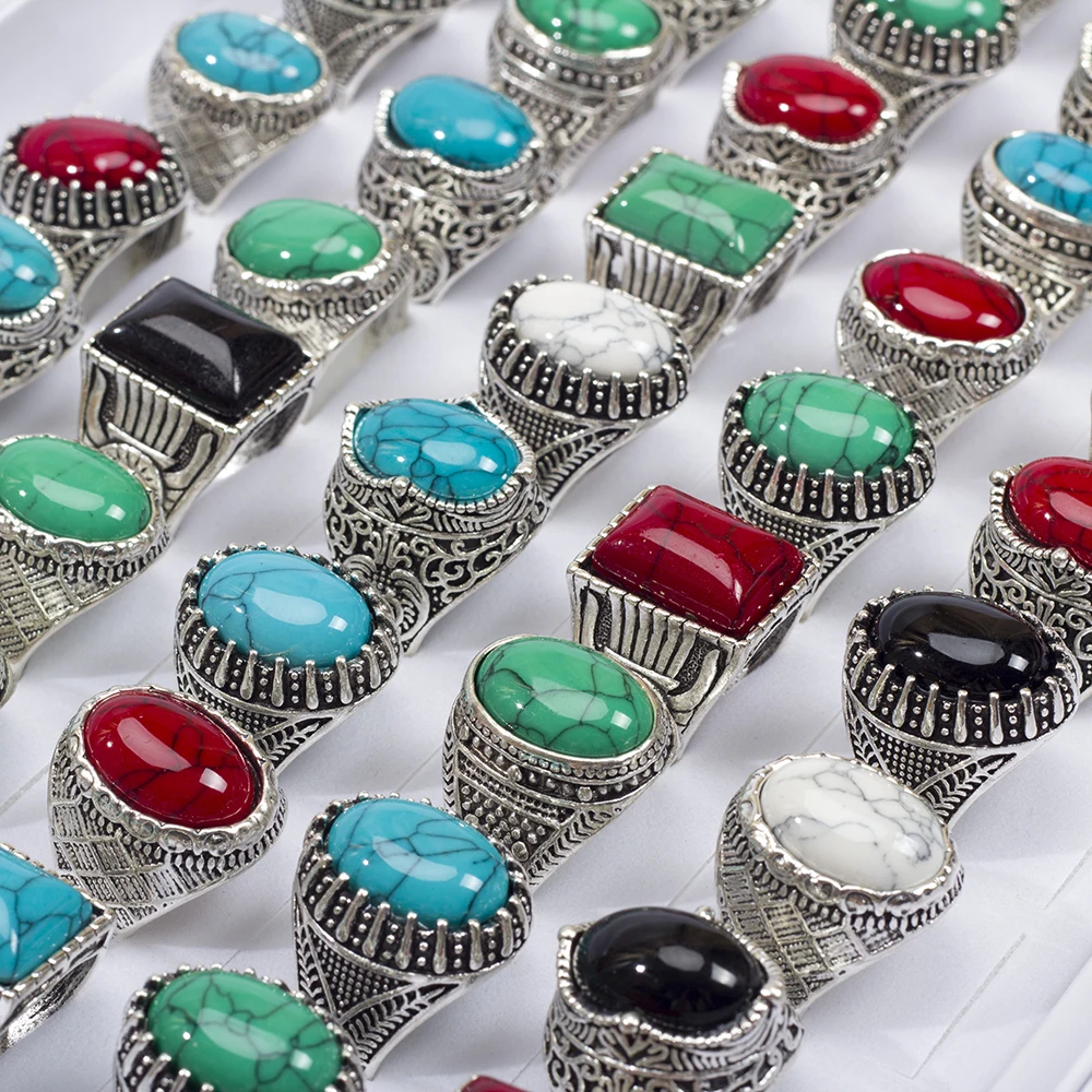 Bulk 20Pcs/Lot Mens Women\'s Vintage Metal Glass Turquoise Stone Rings For Party Gift Wholesale Jewelry