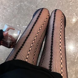 Women's Chain Hollowed-out Tights Black Sexy See Through Jacquard American Retro Style Mesh Breathable Lace Fishnet Pantyhose