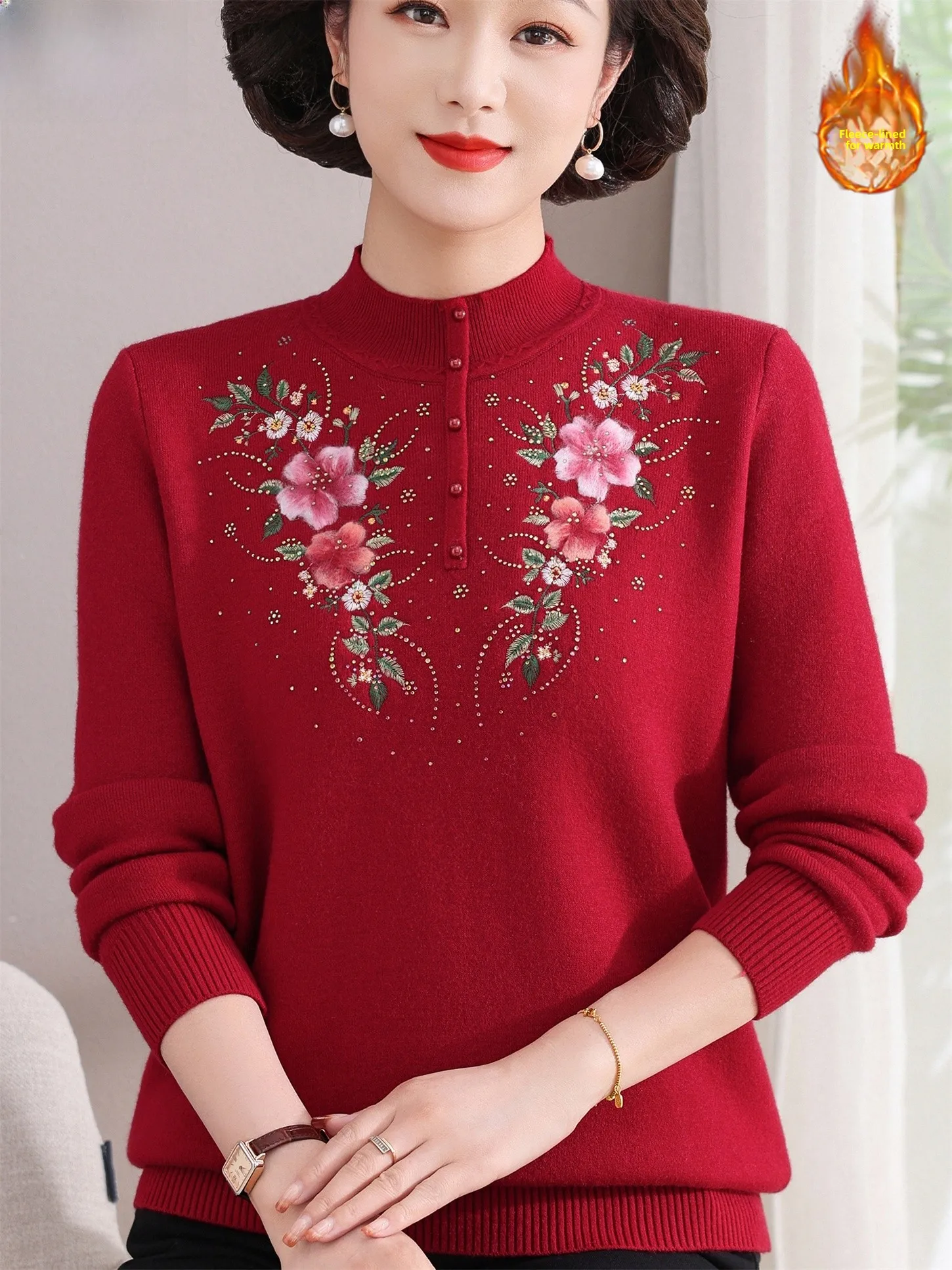 

Thiened Fce Lined Embroidered Knit Sweater f High Collar Warm Base irt for Middle Aged And ly Women Faionabl...