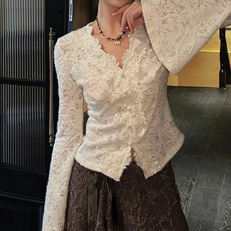 Women Fashion Elegant Lace Patchwork Top New V-Neck Bell Sleeve Slim Fit Base Layer Stylish Soft Texture All-Match Casual Party