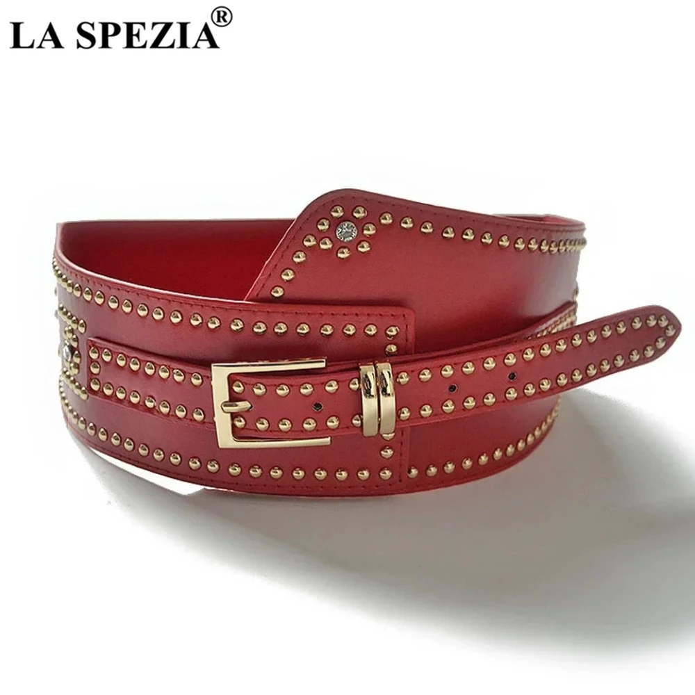 أحزمة جلدية بمسامير ذهبية من LA SPEZIA للسيدات أحزمة واسعة سوداء لفساتين النساء مشد أنيق باللون الأحمر بإبزيم ذهبي