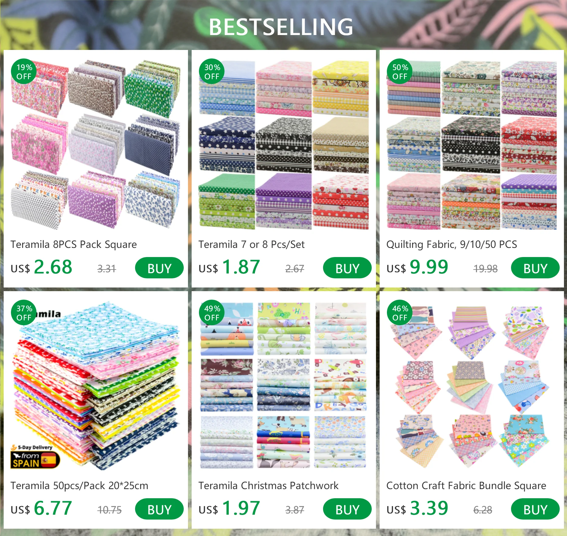 Teramila 100% dünnes Baumwoll gewebe Patchwork für Quilts, zufällige Farbe, kein Wiederholung design Tuch zum Nähen 19-50 teile/beutel 10*10 cm – Detail 1