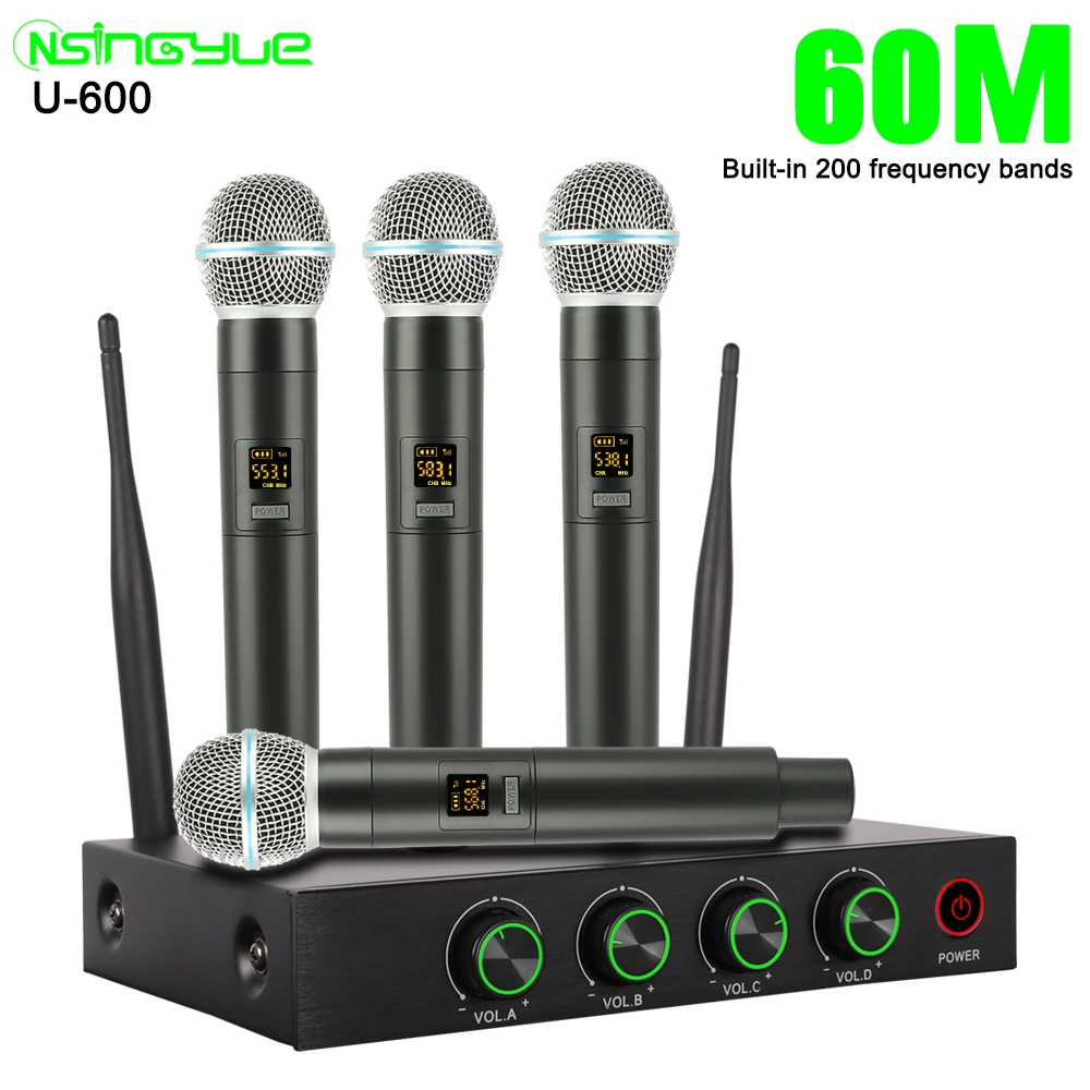 

Professional 4 Channel Wireless Microphone System For Home Karaok PA Speaker Singing Party TV UHF Handheld Dynamic Mic