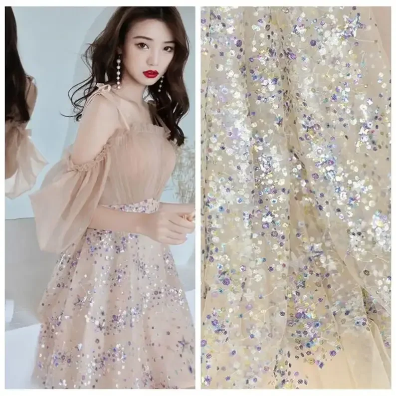 Colorful sequin star lace fabric embroidery ivory tulle For Girl Dress Tutu Dress Wedding Dress Bridal Veil 1 Yard