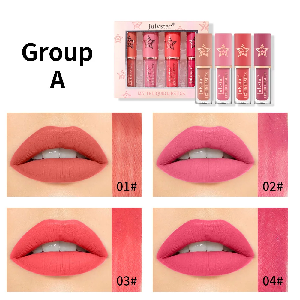 Julystar 4 Stks/set Rood Fluwelen Lippenstift Mistige Matte Lip Glazuur Damesfeest Dagelijkse Cosmetica Aanhoudende Kleuring Lip Glazuur