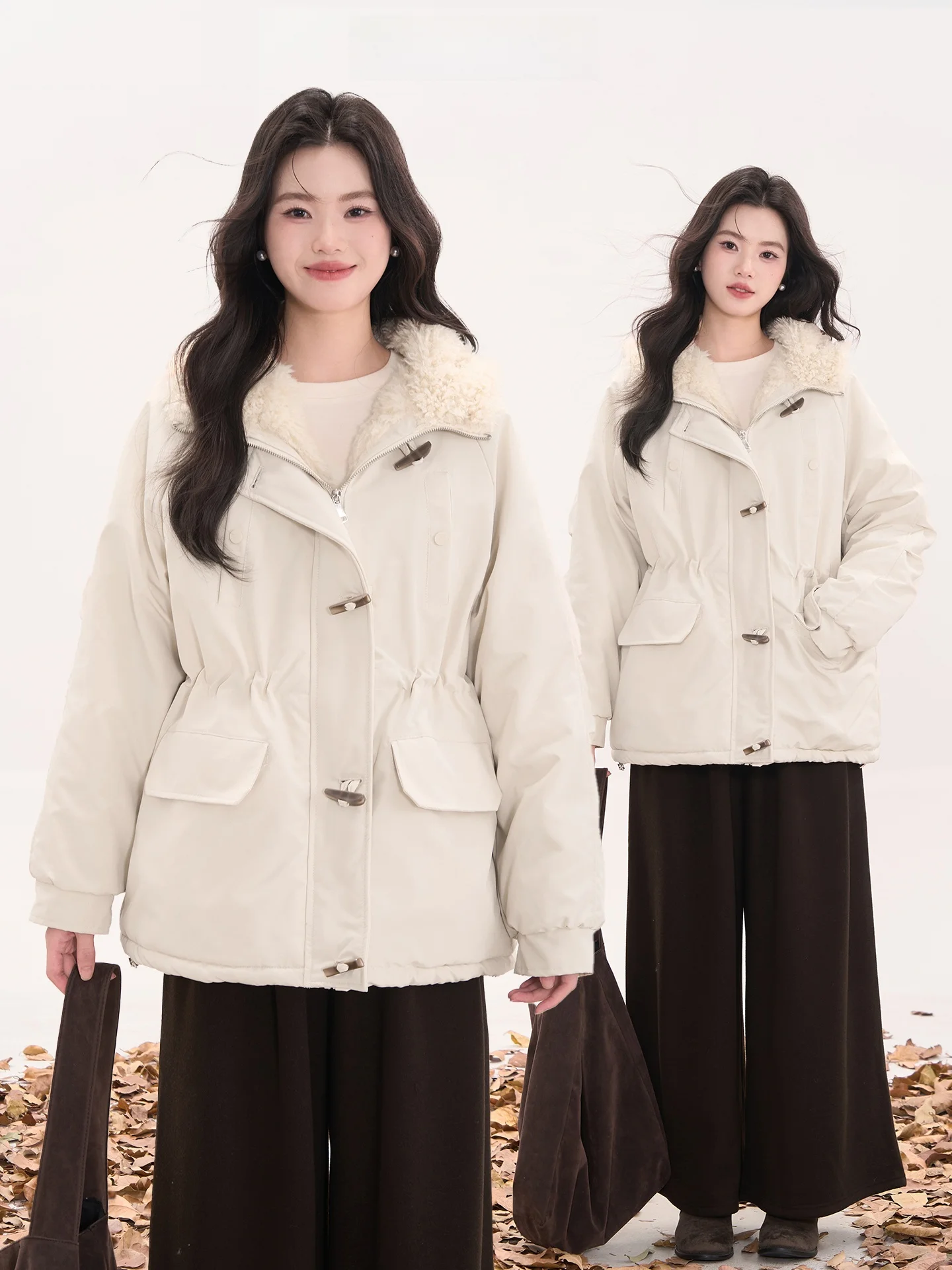 

Heme Winter Thiened Fce Lined Button up Women's Jaet Versatile Simple Sle Korean Version Long Sve Casual Coat
