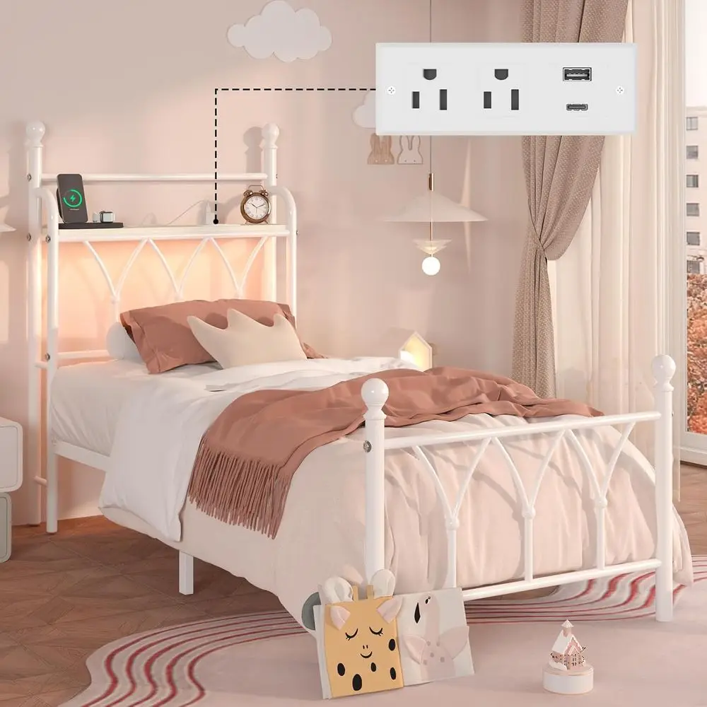 

Twin Size Metal Platorm Bed e with Storage board, Bed e , Built in Charging Station, Heavy Duty Metal Slats,