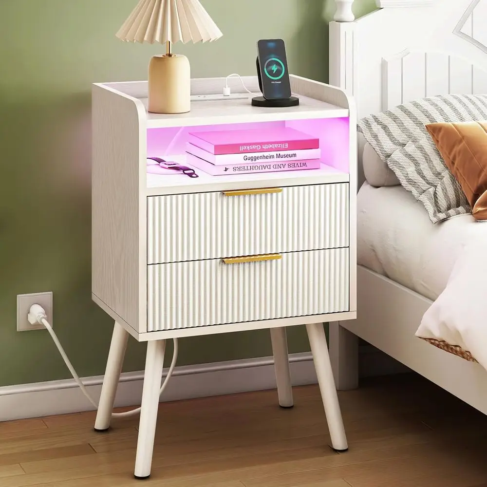 Table de chevet LED moderne avec station de recharge et 2 tiroirs pour chambre à coucher, 15,7 x 11,8 x 25,6 pouces