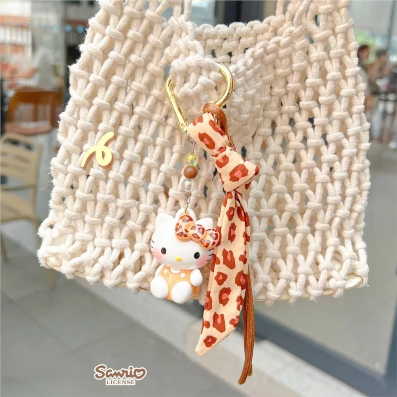 Cute Cartoon Hello Kitty Keychain Fashion Leopard Print Figure Key Ring Bag Pendant Accessories Collectible Gifts