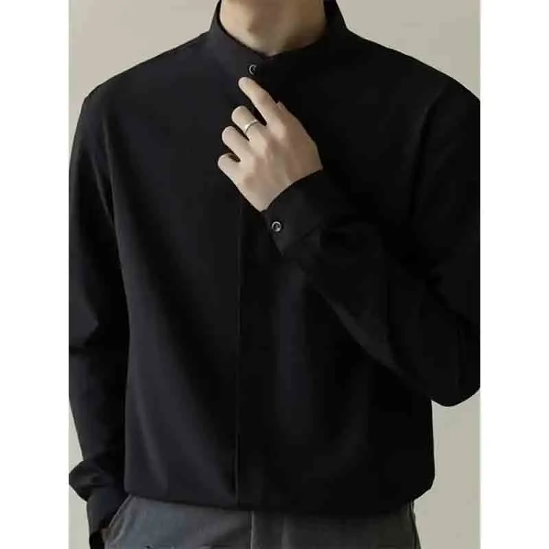 Korean Fashion Men Business Casual Smooth Shirt Spring Summer New Hidden Buckle Solid Versatile Casual Loose Long Sleeve Tops