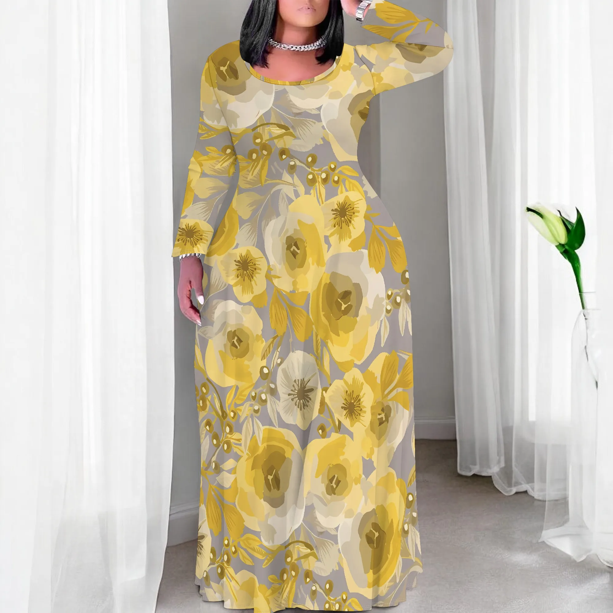 

Nupusa Yellow Grey Floral Print Dress for Women Plus Size Summer Casual Round Neck Long Sleeve Maxi Dress