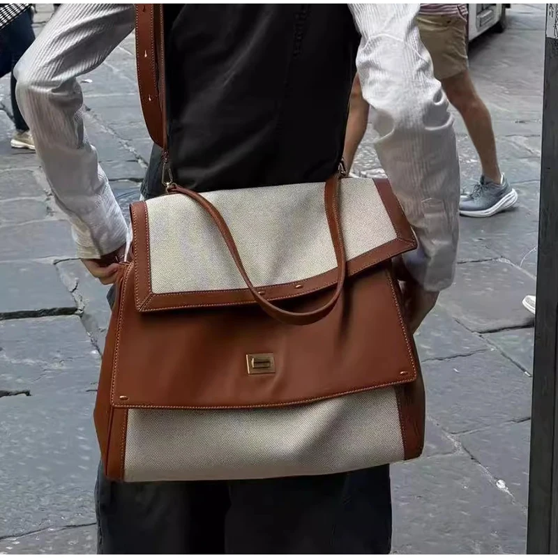 

Large Capacity Bag Fashionable Versatile Canvas Bag Splicing Color Contrasting Design Handbag Leisure Single Shoulder Tote Bag