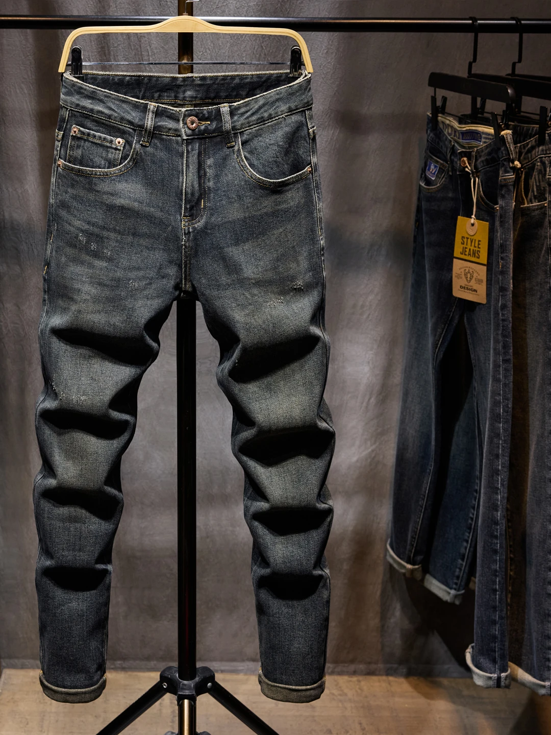 

Мужские джинсы из денима в стиле ретро: модные, эластичные, облегающие, повседневные, длинные брюки для осени и зимы, из хлопкового стрейч-денима, молодежная одежда