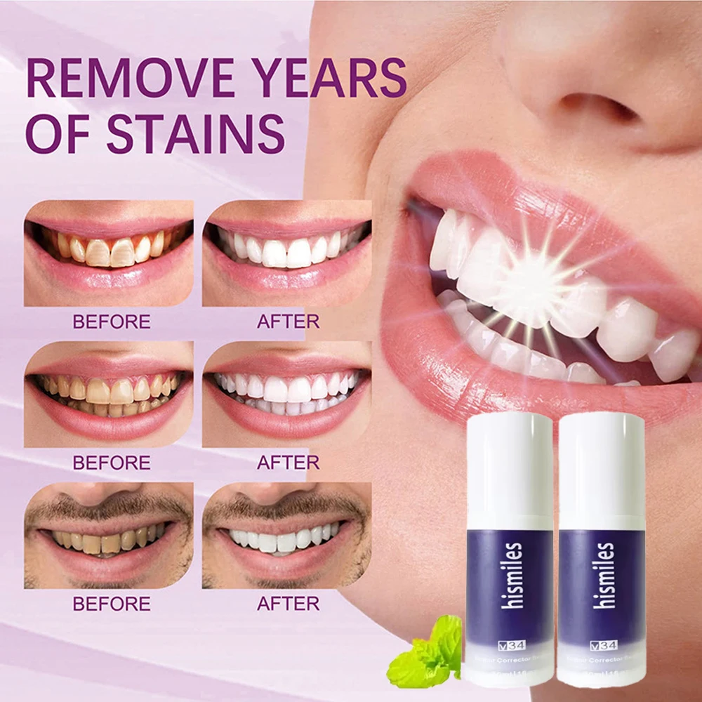 V34 Purple Teeth Whitening Toothpaste Remove Plaque Stains Cleaning Oral Hygiene Dental Bleach Tools Fresh Breath Teeth Care