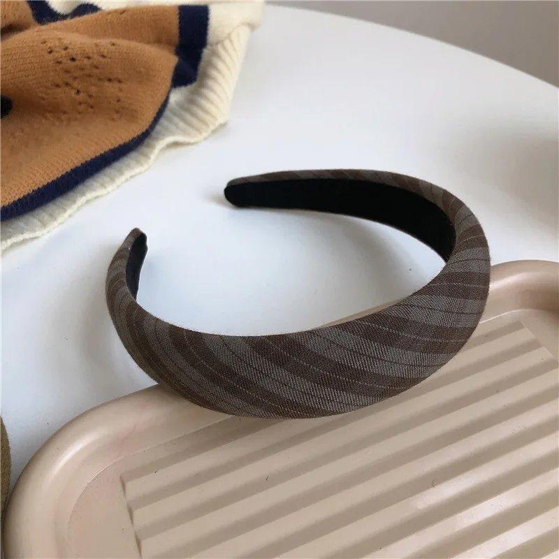 Dark Color Cotton Plaid Women Padded Hair Band Headwear Korea Thickened Classic Solid Color Dark Green Brown Headband Hair Hoops