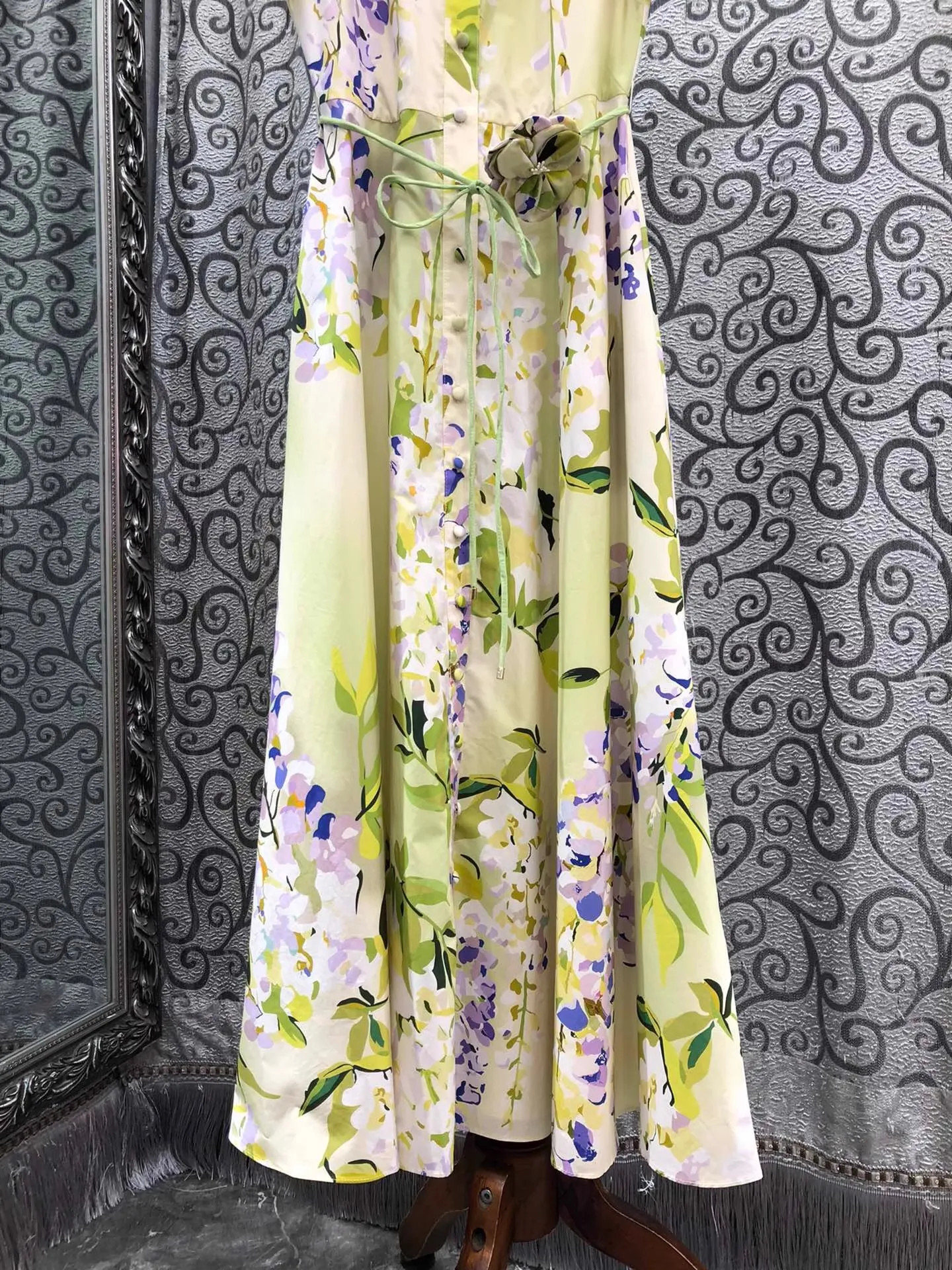 100% 면 롱 드레스 2026 봄 여름 여성용 턴다운 칼라 스위트 플로럴 프린트 벨트 장식 반팔 롱 맥시 드레스 럭셔리