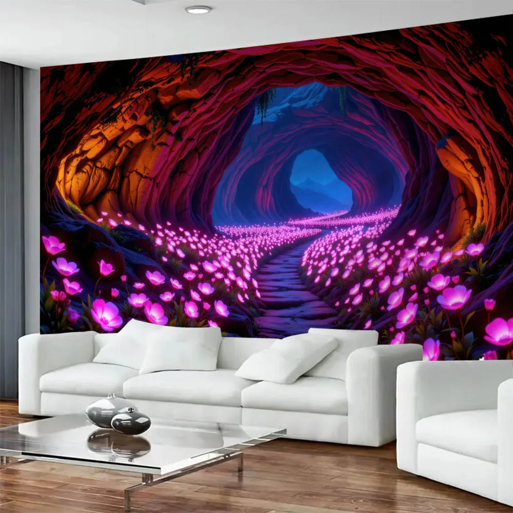 Psychedelic landscape tapestry, mysterious cave glowing flowers, room decoration starry sky wall hanging, background poster
