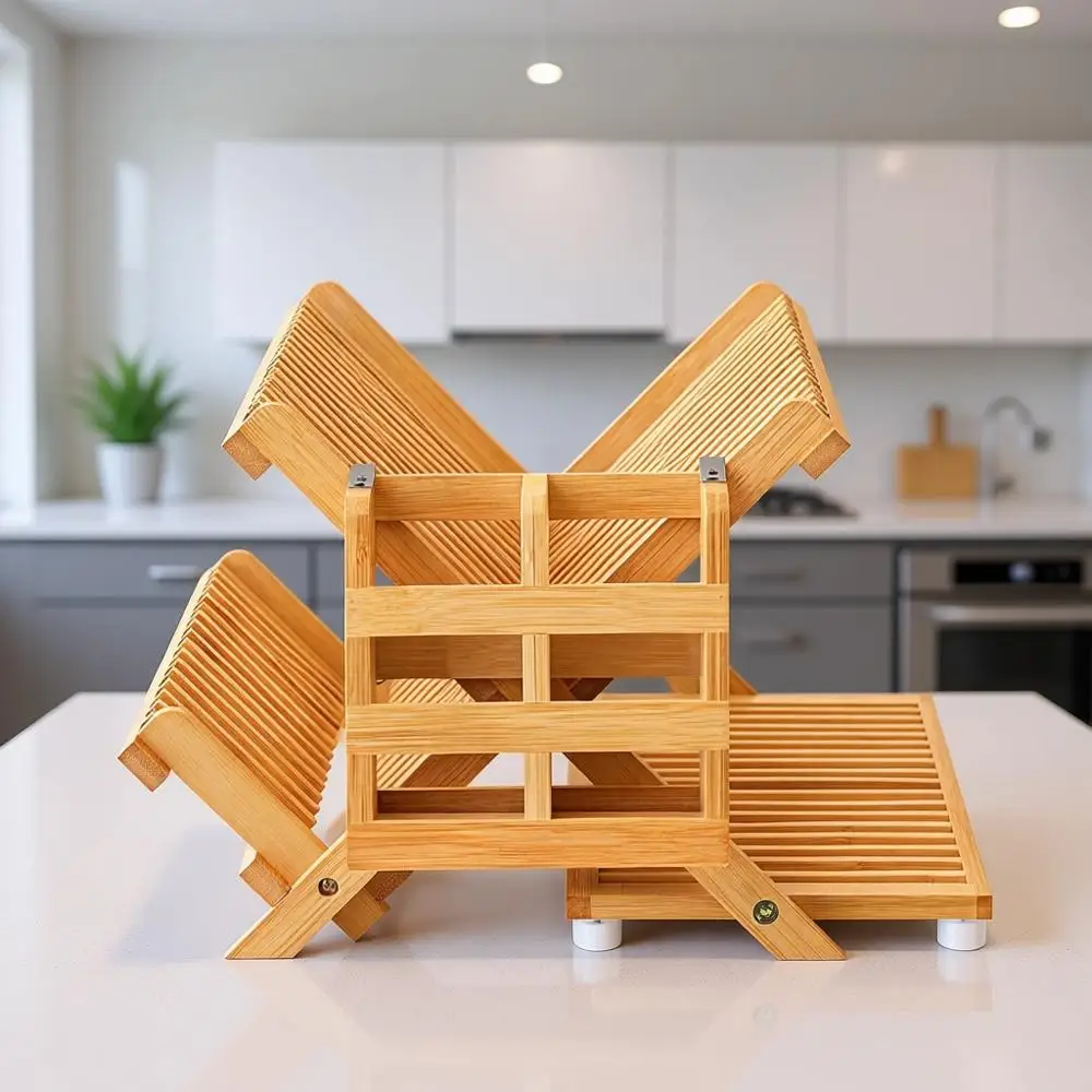 

Складная 3-ярусная бамбуковая сушилка для посуды с держателем для столовых приборов для кухонной столешницы, большой органайзер для сушки и хранения