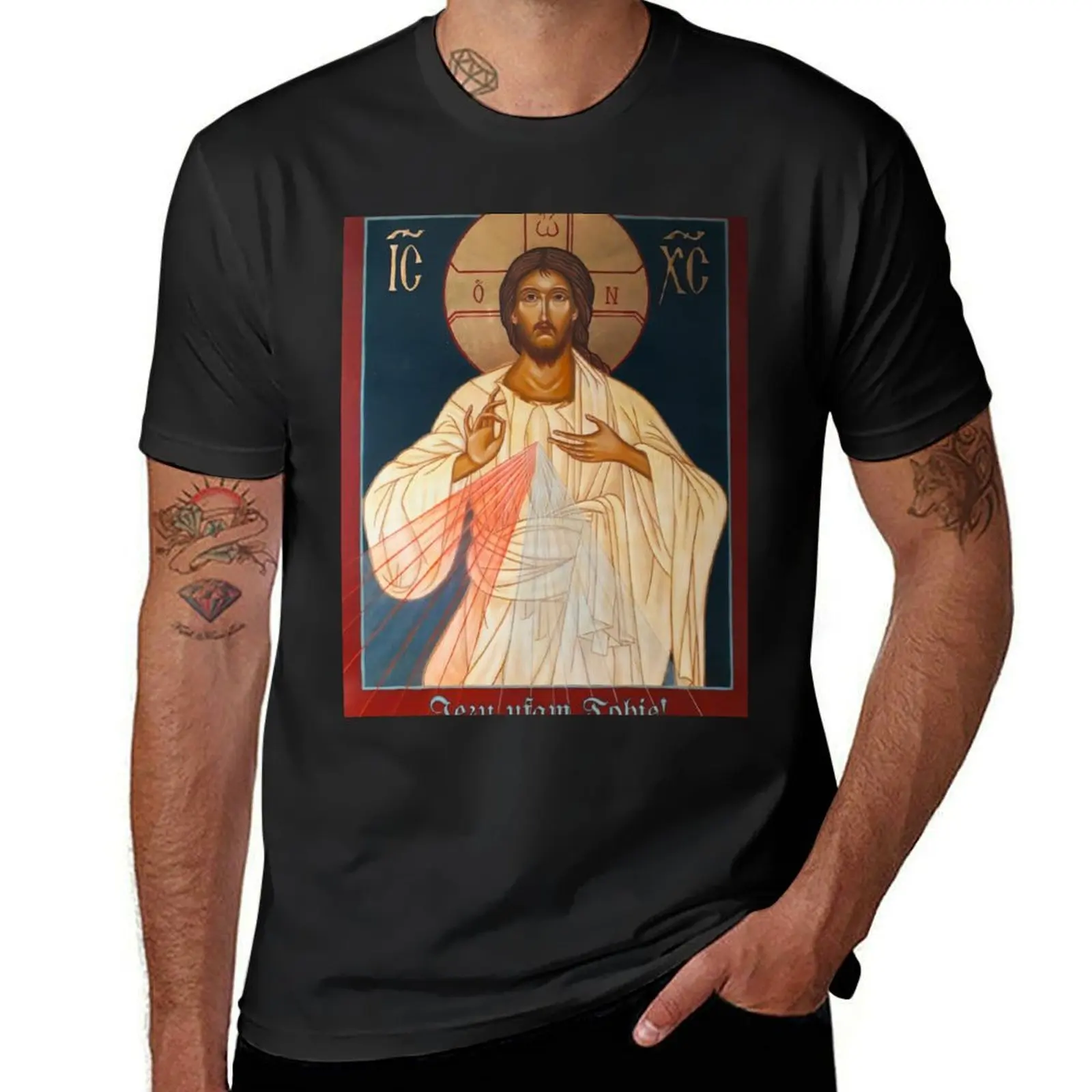 Merciful Jesus Icon by Leonid Bózio - Jezu Ufam Tobie T-Shirt blacks tops t shirts men