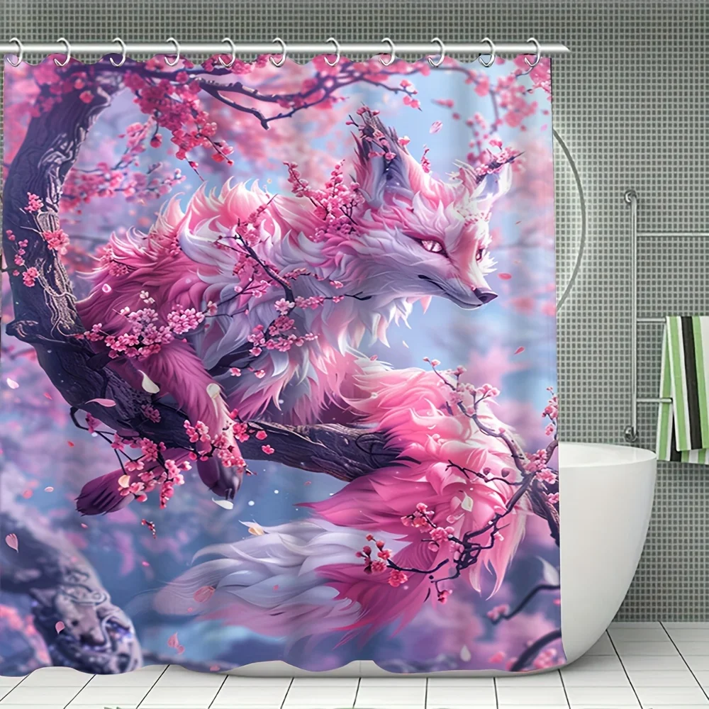 

Pink Fox Shower Curtain Cherry Blossom Art Mythical Animal Decor Elegant Bathroom Waterproof Fabric Bath Curtain Set Home