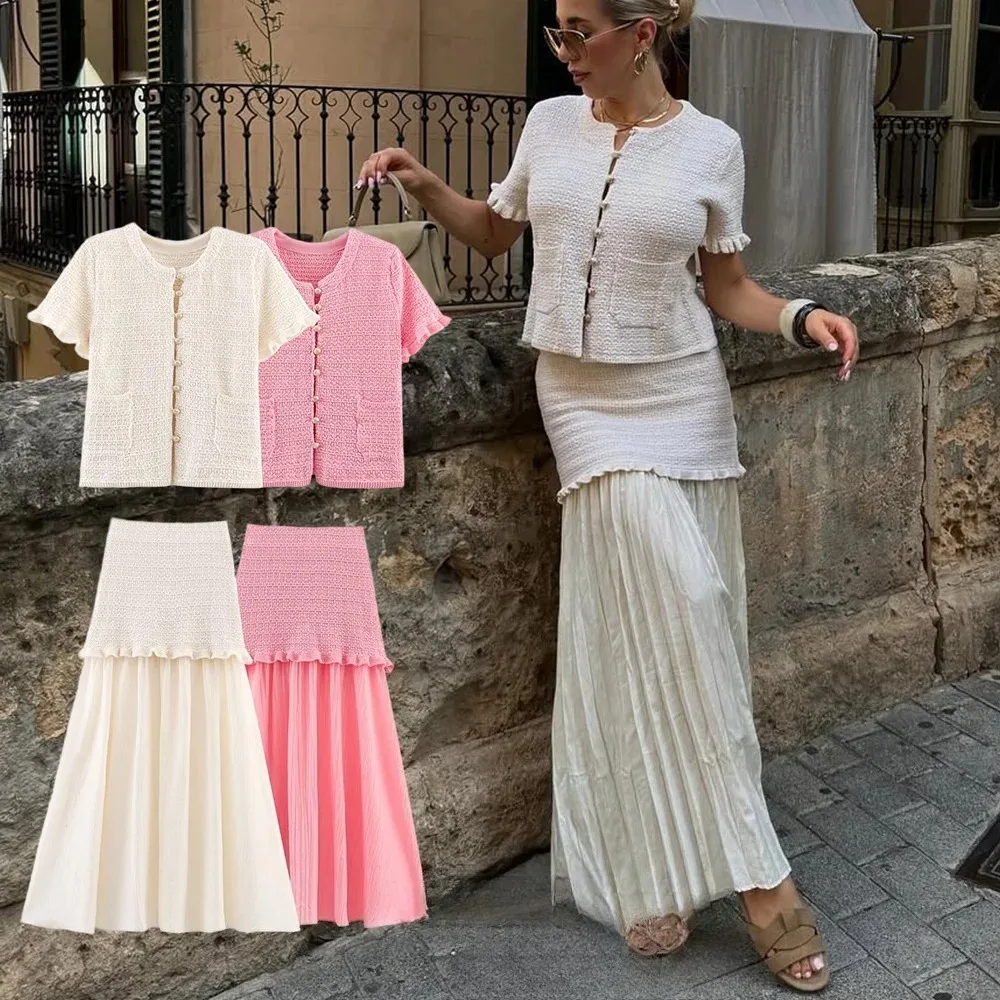 

KONDALA повседневные вязаные женские костюмы, кардиганы с короткими рукавами, лоскутная шифоновая юбка, мода 2025 года, осенняя уличная одежда, женский праздничный костюм