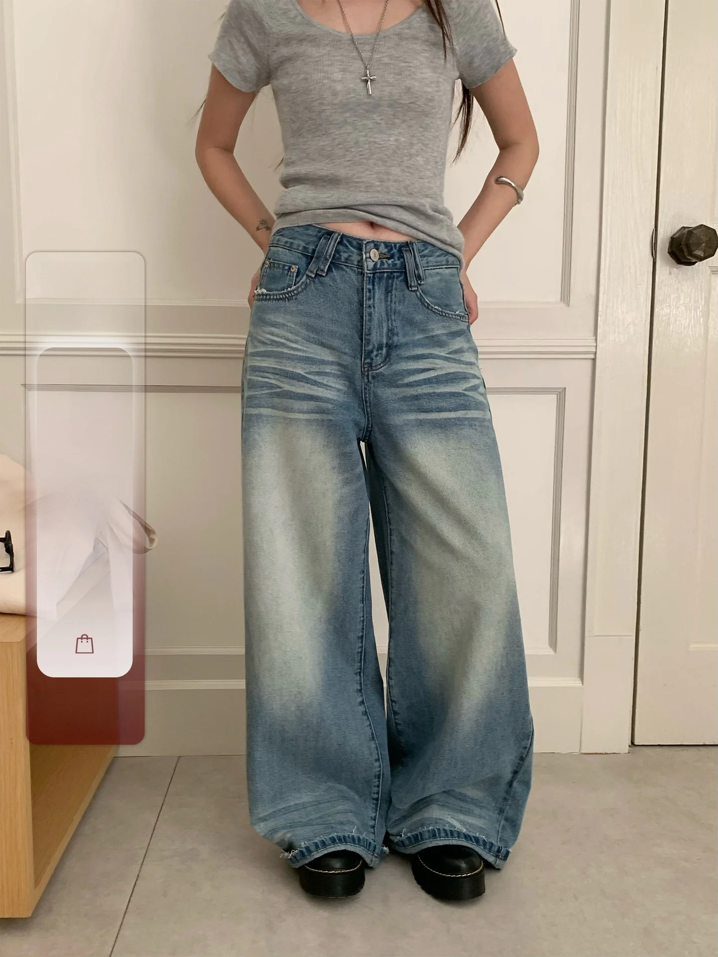 

Washed Blue Vintage Summer Women's Loose Wide Leg Jeans Shiny Natural Waist Denim Pants Straight Cut Long Trousers