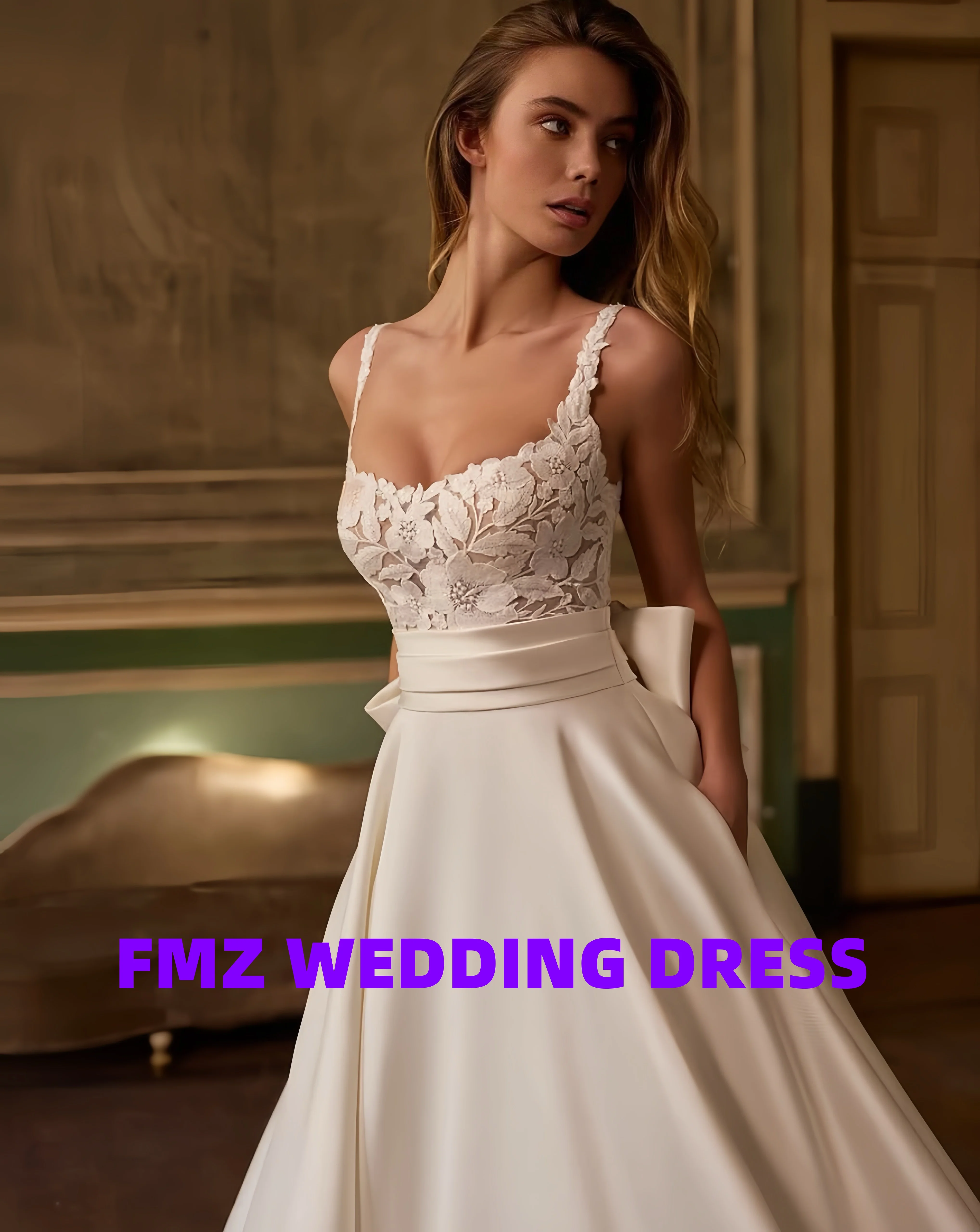 ชุดแต่งงานทรงบอลกาวน์แบบสี่เหลี่ยมคอปกแบบสั่งตัด ผ้าซาติน แขนกุด ยี่ห้อ Amanda Novias รุ่น Vestidos de Novia Amanda's Novias