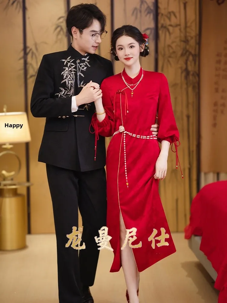 

Красное улучшенное облегающее свадебное платье для невест и женщин, новое китайское платье для свадебной церемонии и торжества