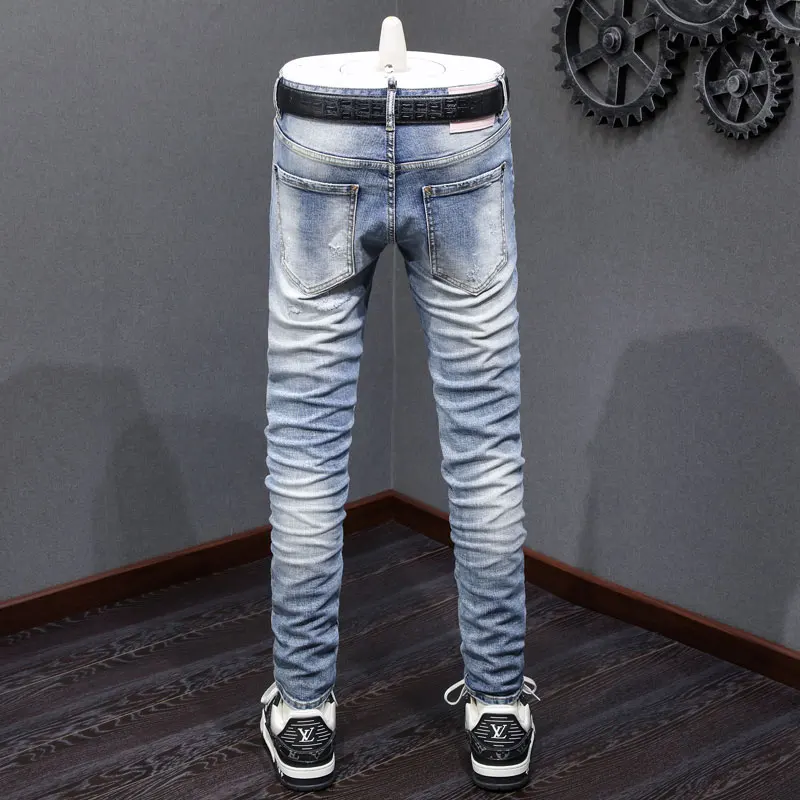 Streetwear Fashion Men Jeans High Quality Retro Light Blue Stretch Slim Fit Ripped Jeans Men Vintage Designer Brand Denim Pants