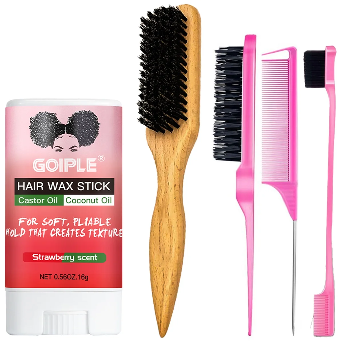 

GOIPLE 16g Strawberry Hair Wax Stick Broken Frizz Fixed Hair Styling Pomade Fluffy Flyaway Control Wax for Kid and Women & Brush