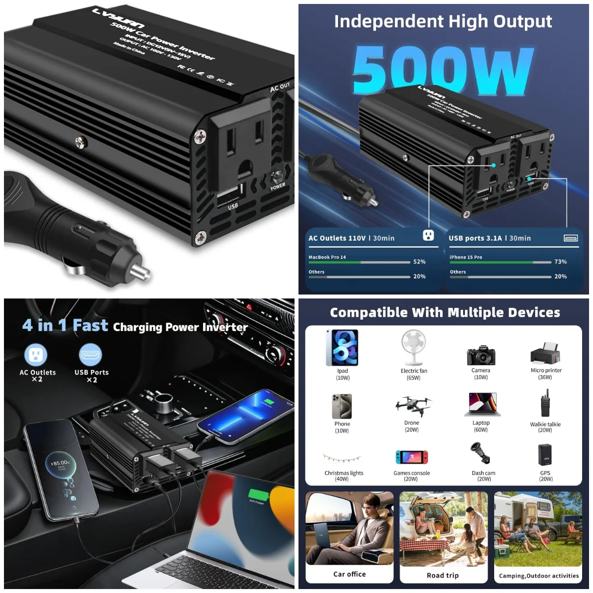 

Автомобильный инвертор мощностью 500 Вт, от 12 В до 110 В переменного тока, двойной USB, черный