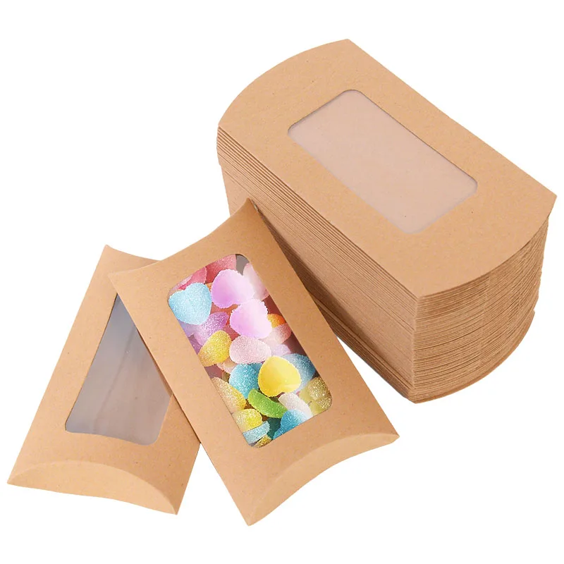 20/10pcs Pillow Shape Cookie Candy Box with Window Wedding Christmas Kraft Paper Gift Packaging Boxes Birthday Party Supplies