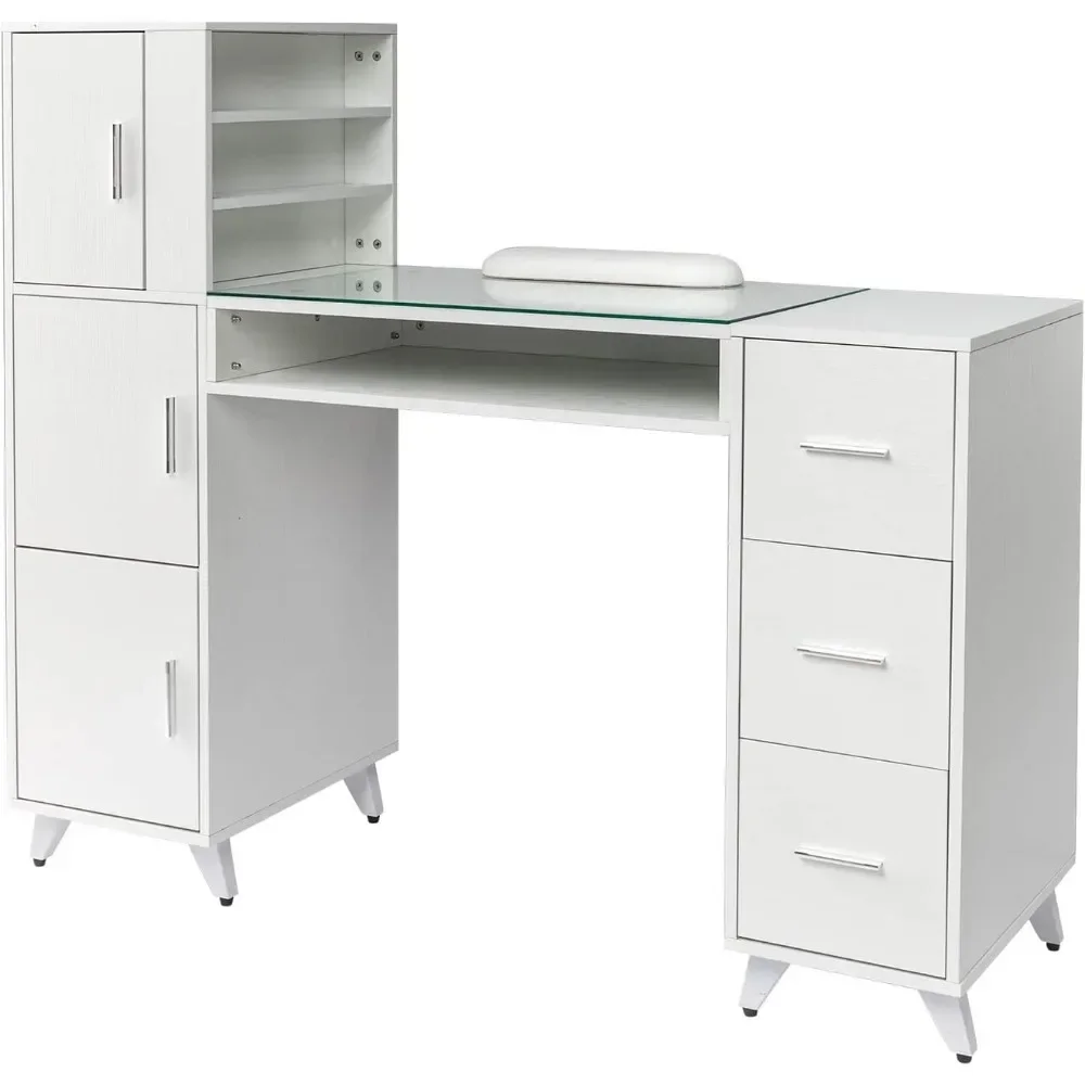 Tavolo per Manicure scrivania per unghie per Nail Tech con piano in vetro e poggiapolsi, forniture per unghie per salone di bellezza Decor Workstation resistente all'acetone