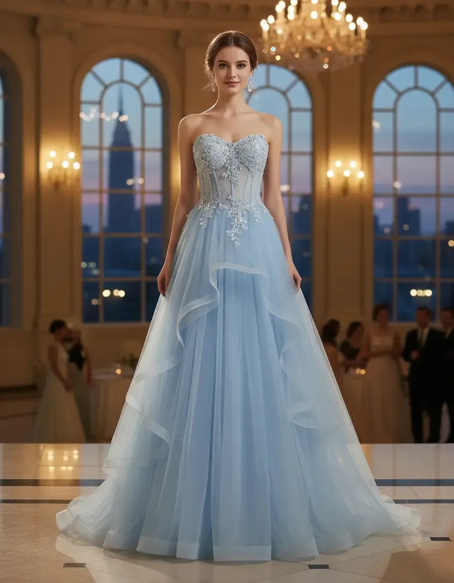 

Light Blue Sweetheart Strapless Tulle Evening Dress with Lace Appliques and Ruffles with Free Petticoat