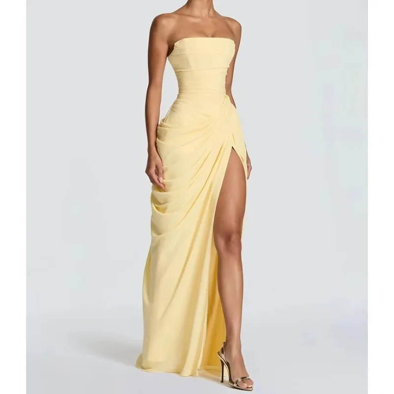 Chiffon Off-shoulder Strapless Sexy Maxi Dress Women Elegant Sleeveless Backless High Split Ruched Club Party Dress