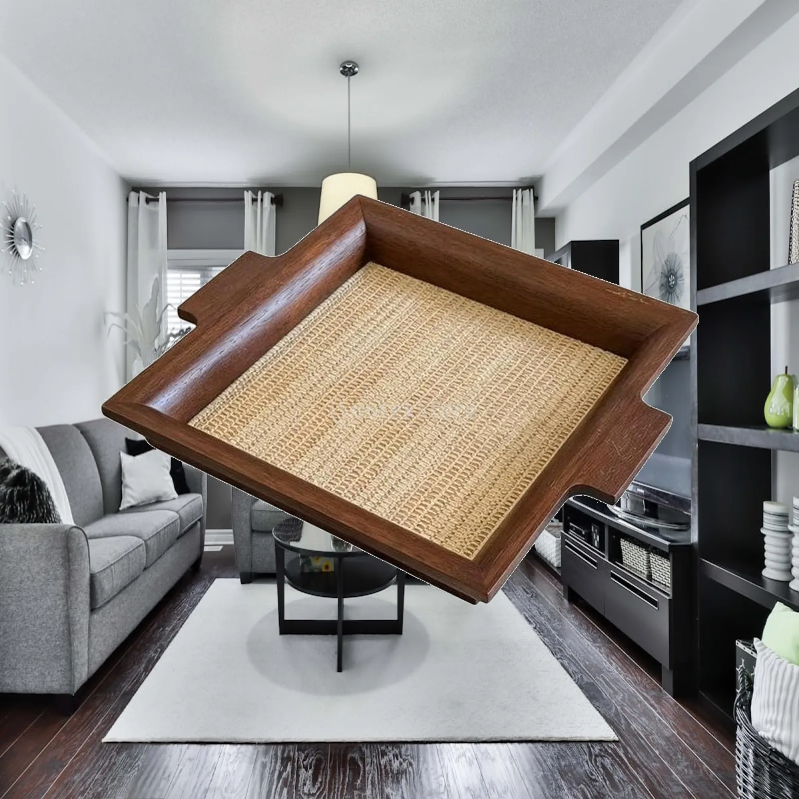 Solid Wood Decorative Serving Tray with Handle for Coffee Table Dining Room Organizer Rustic Handmade Woven Insert