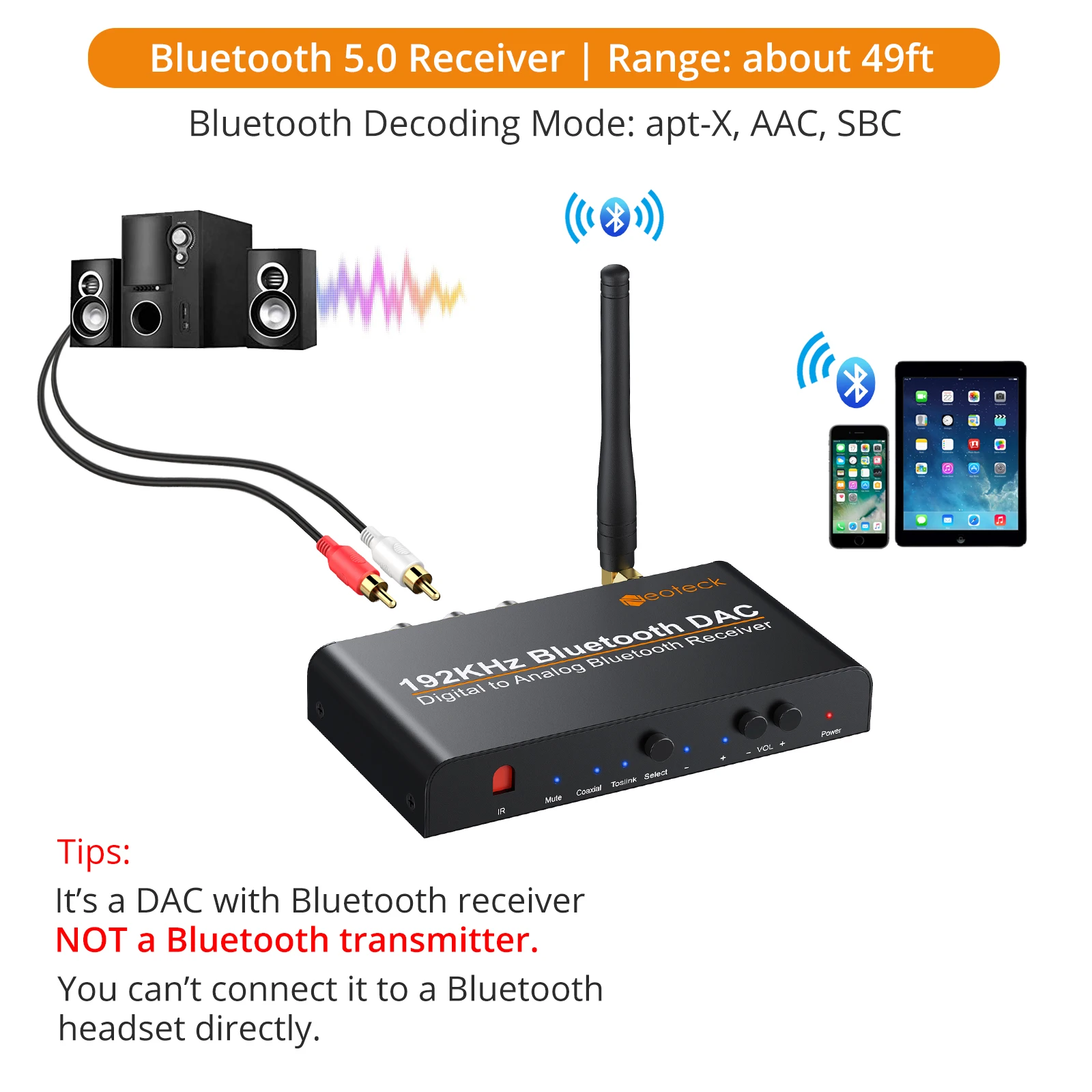 Neoteck 192k kompatybilny z Bluetooth DAC cyfrowy koncentryczny Toslink do analogowego Stereo L/R RCA 3.5mm konwerter Audio z pilotem